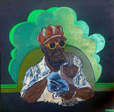 Painting of a man with sunglasses and a cap smoking a pipe, surrounded by green shapes.