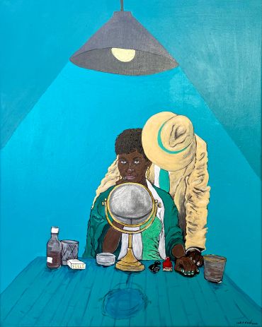 Painting of a person looking into a mirror under a hanging lamp.