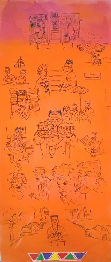 Illustrated scenes capturing urban life, emotions, and community interactions with a vibrant orange background.