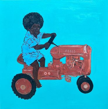 Painting of a child riding a red tractor with the word 'FEELS'.