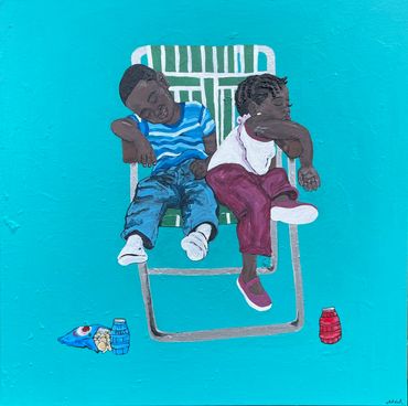 Painting of two children sleeping on a chair against a blue background.