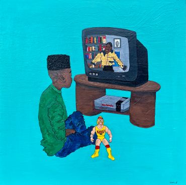 Boy watches TV with Nintendo and wrestling figure nearby.