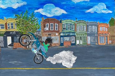 Colorful mural of a person doing a motorcycle wheelie on a city street with vibrant buildings.