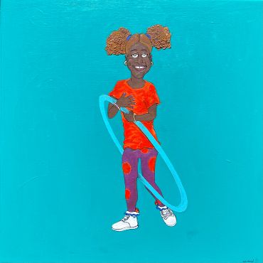 Colorful painting of a girl with puffy hair and a hula hoop on blue background.