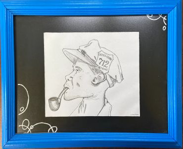 Black and white sketch of a man smoking a pipe, wearing a hat with a DC public vehicle badge.