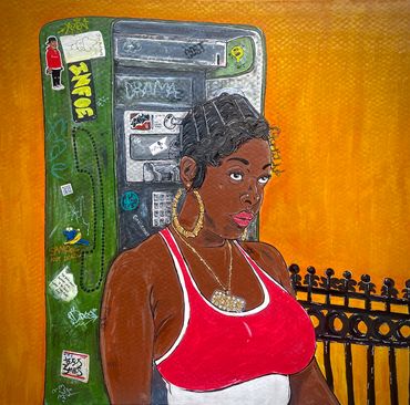 Vibrant street art of a woman in front of a graffiti-covered phone booth.