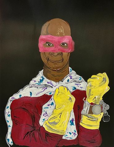 Painting of a superhero with a red mask, yellow gloves, and a patterned cape.