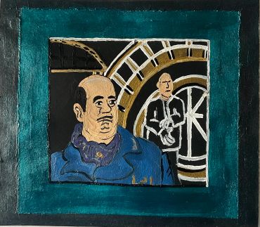 Painting of a man in blue with a clock and figure behind him.