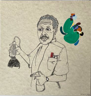 Illustration of a barber holding hair clippers and a spray bottle.