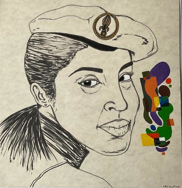 Line drawing of a person wearing a beret with colorful abstract shapes.