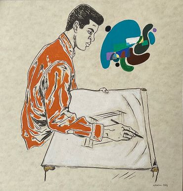 Illustration of a man in an orange shirt drawing on a canvas with abstract shapes nearby.