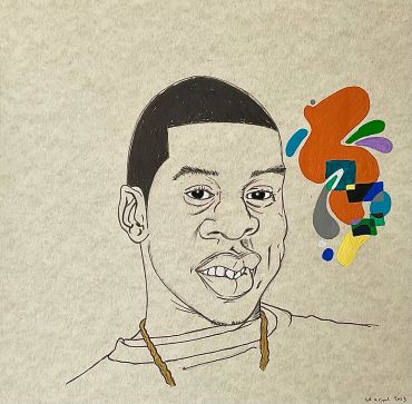 Drawing of a person with colorful abstract shapes on a beige background.