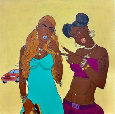 Vibrant painting of two stylish women with bold fashion and accessories.