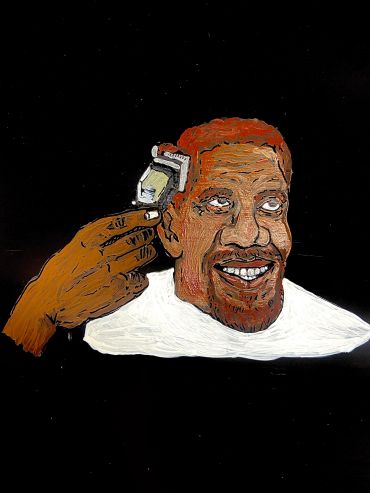 Painting of a man smiling while getting a haircut with clippers.