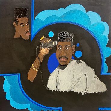 Colorful painting of a man giving himself a haircut, surrounded by blue shapes.