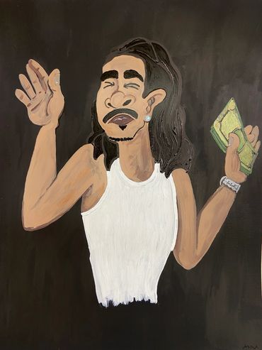 A cartoon-style painting of a man with long hair holding cash and gesturing with his hand.