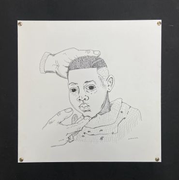Ink drawing of a child being gently guided by adult hands.