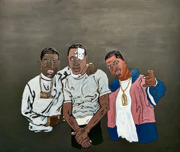 Painting of three men with gold chains and casual clothing against a grey background.