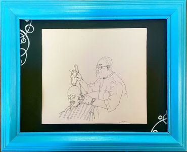 Sketch of a barber cutting a customer's hair in a blue frame.