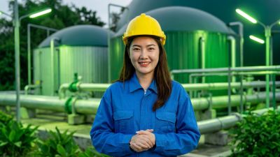 Femme ingénieure avec casque sur un site industriel.