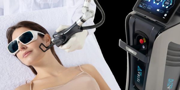 Woman undergoing laser skin treatment wearing protective glasses.