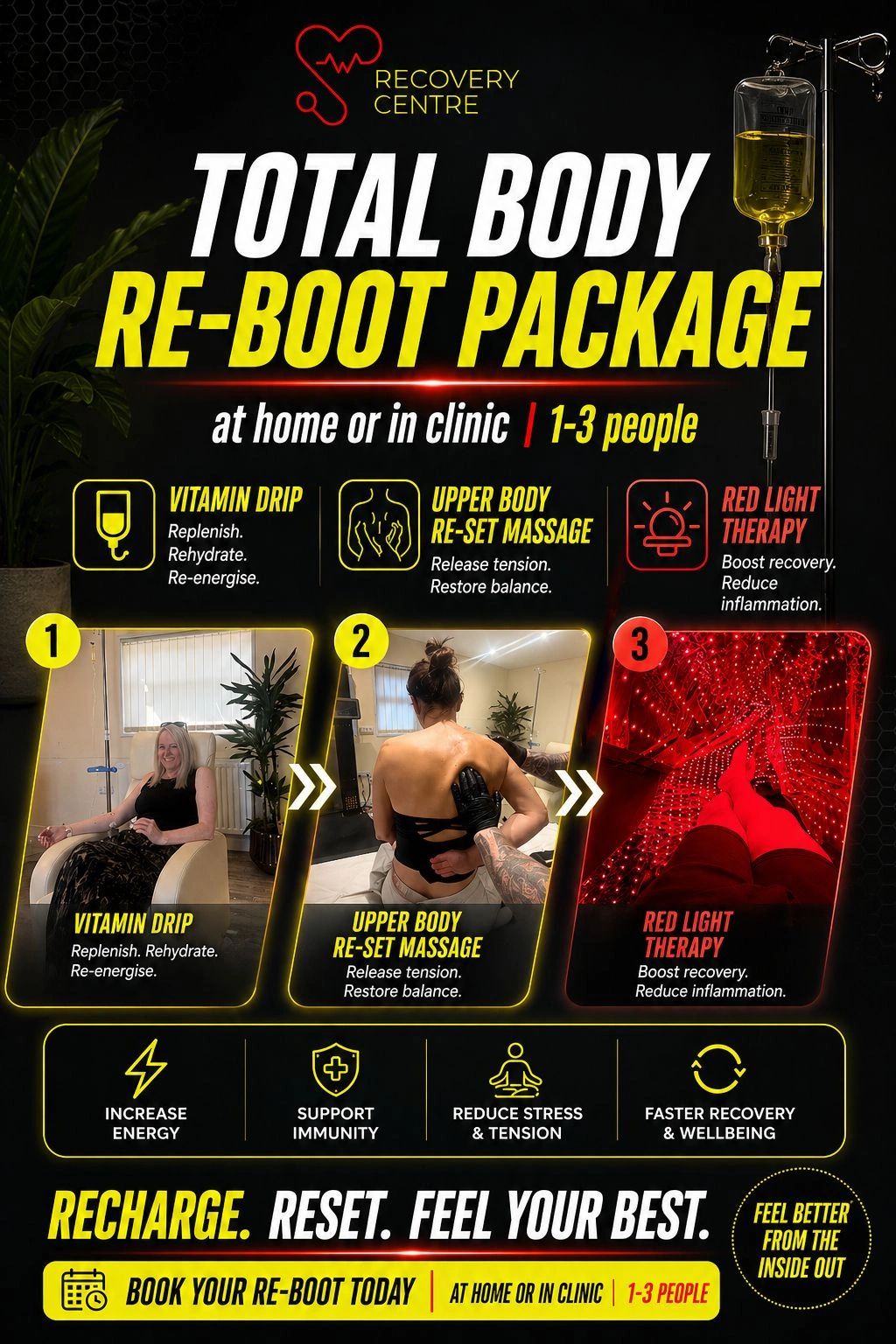 Total body reboot package with vitamin drip, massage, and red light therapy for recovery and wellbeing.