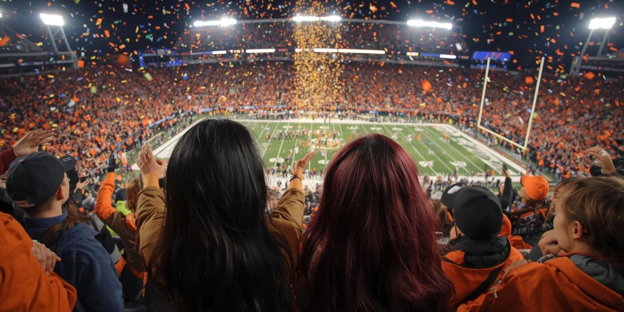 Fans celebrate with confetti at a nighttime football stadium packed with cheering crowd.