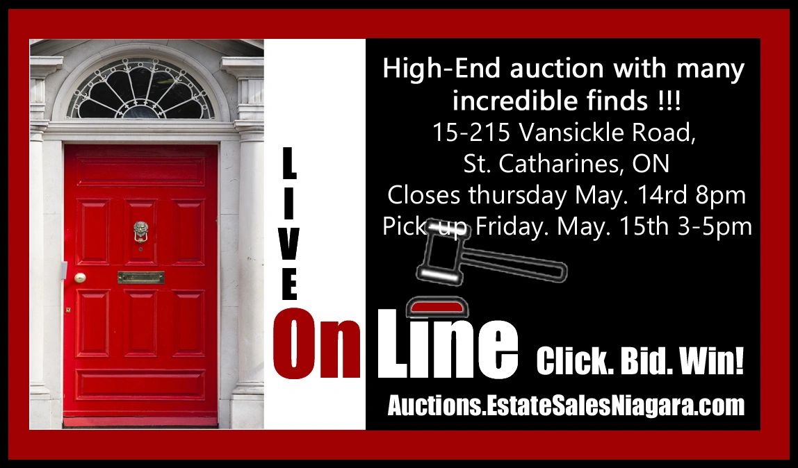 Advertisement for a live online high-end auction with pickup and bidding details.