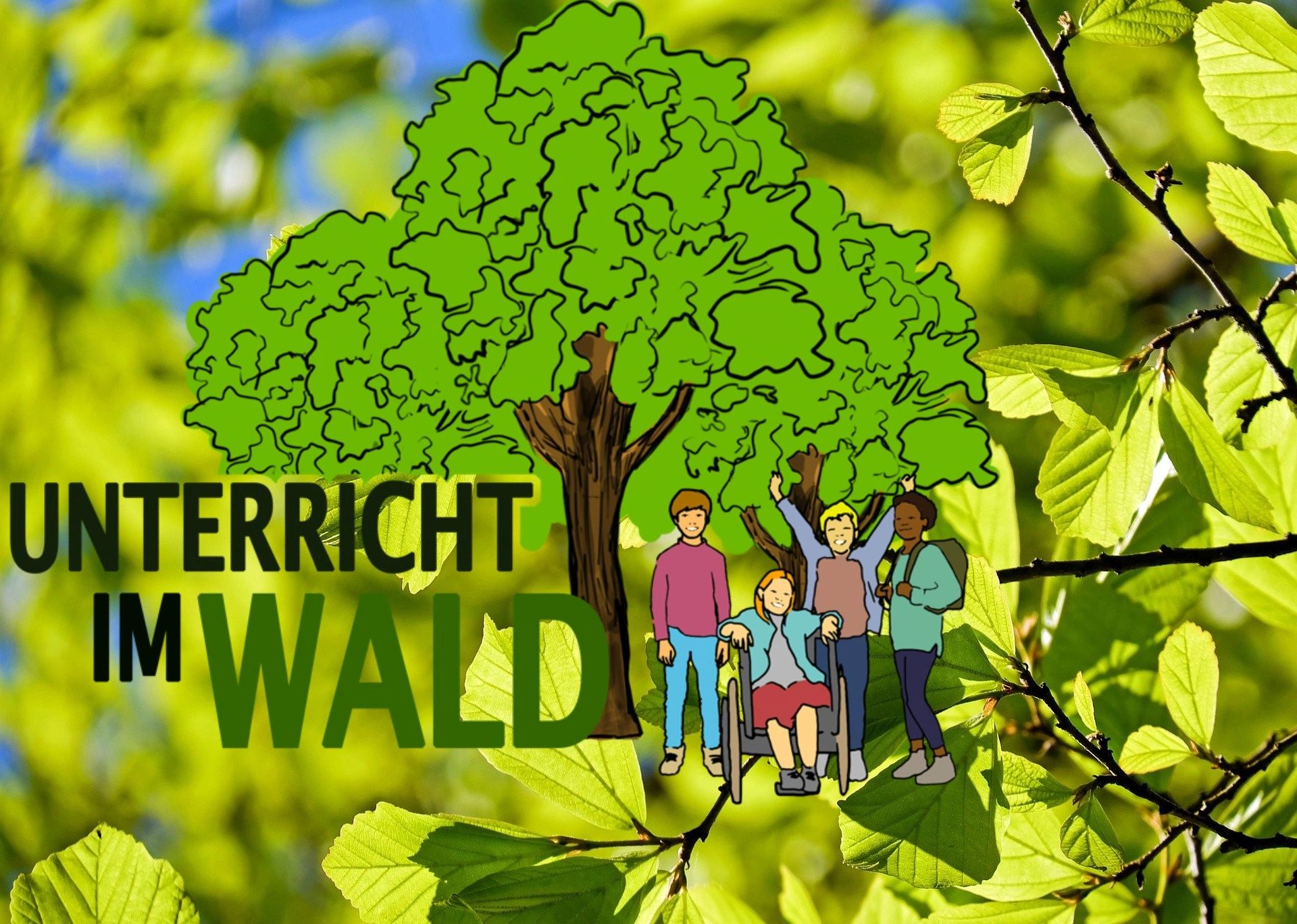 Logo für Unterricht im Wald, vier Kinder, ein Kind im Rollstuhl, Kinder im Wald,