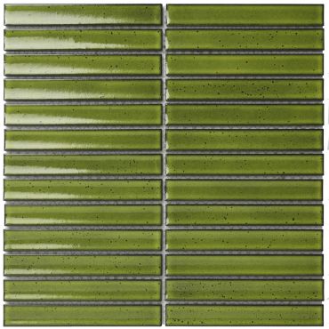 Glossy green rectangular mosaic tiles arranged in staggered rows.