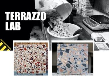 Recycled Terrazzo lab showing process and finished samples. Bespoke terrazzo