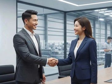 Hai đồng nghiệp bắt tay trong văn phòng hiện đại.