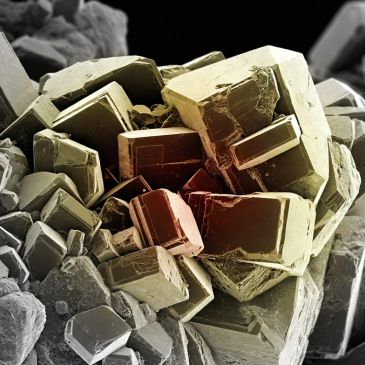 Microscopic close-up of crystalline structures with sharp edges and intricate details.