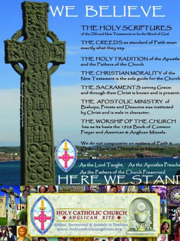 A stone cross with religious beliefs and a Holy Catholic Church Anglican Rite statement.