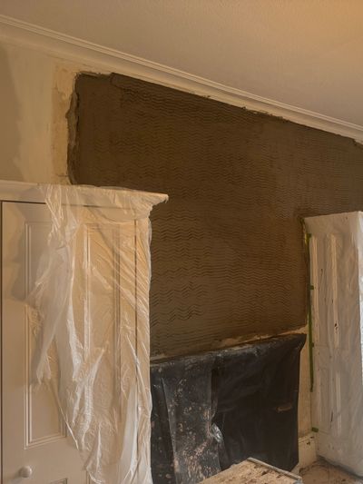 Lime plaster backing scratch coat applied. Limelite Renovating plaster.
Lime plaster patch.