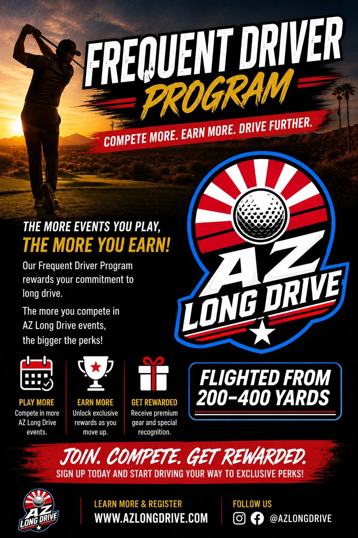 Golf long drive competition with rewards for frequent participants.