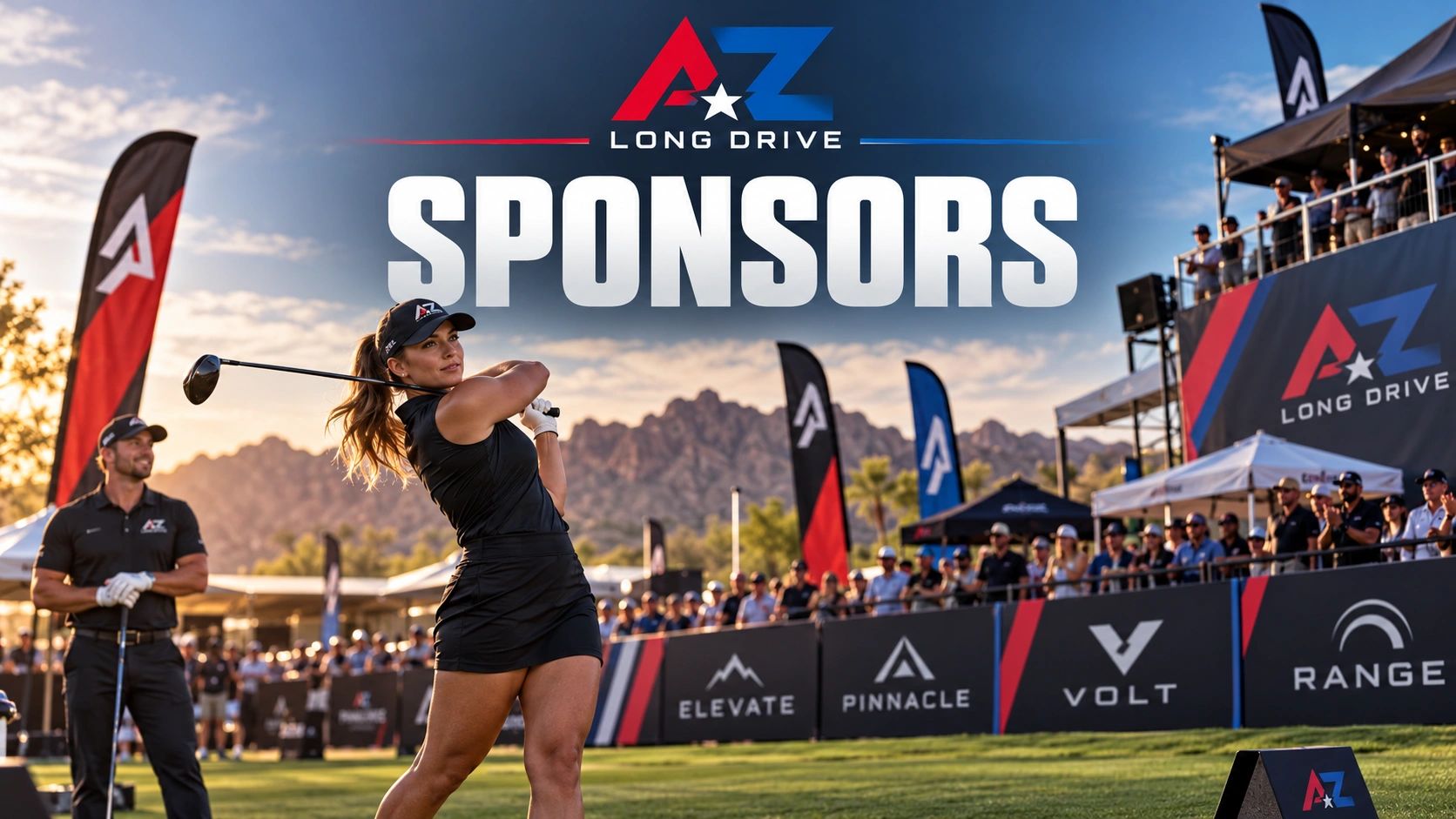 Golf tournament sponsored by AZ Long Drive with players and spectators.