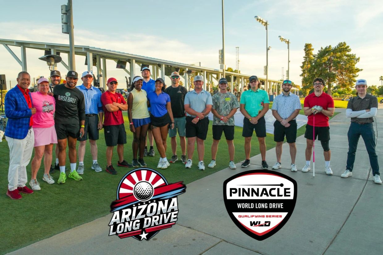 Group photo of golf event participants at Arizona Long Drive.