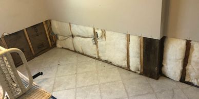 Water damage restoration insulation drywall work cabinets doors trim paint kitchen cabinet install