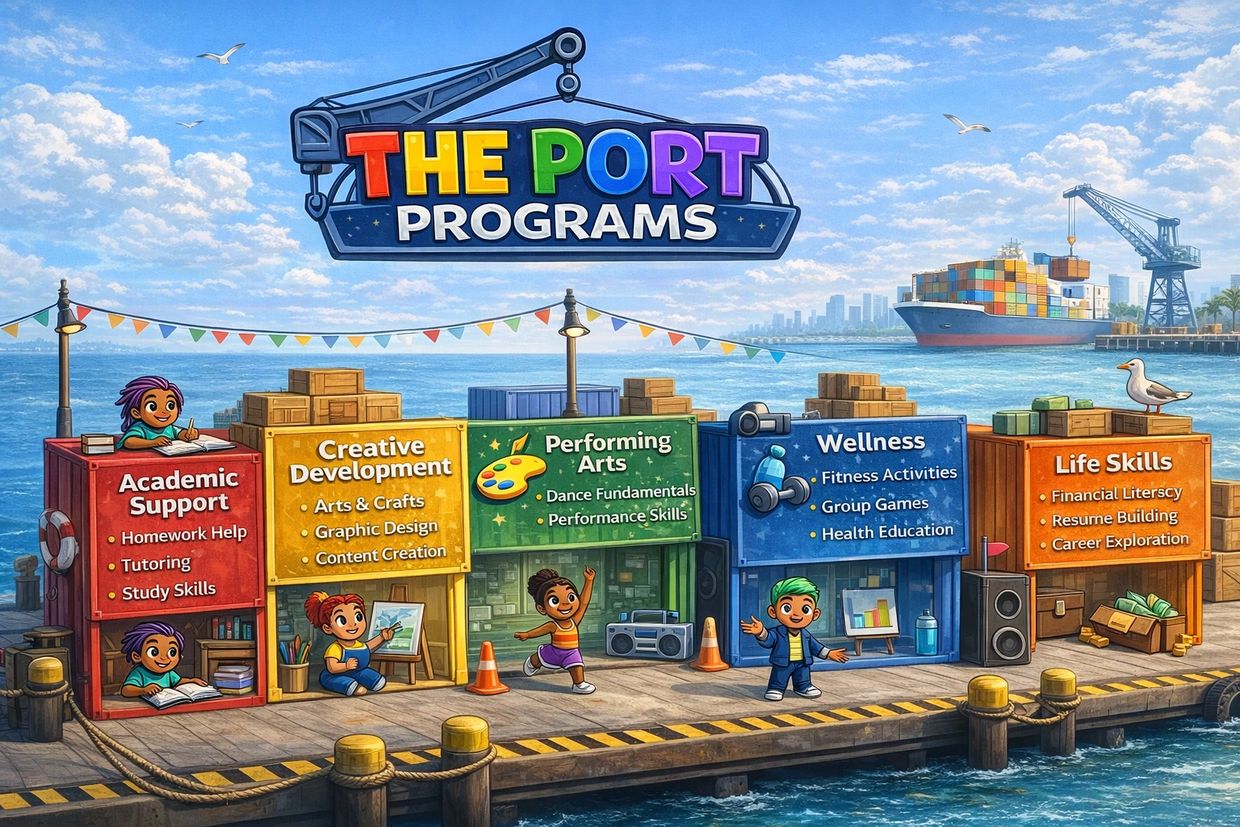 Colorful port-themed programs for kids including academic support, arts, wellness, and life skills.