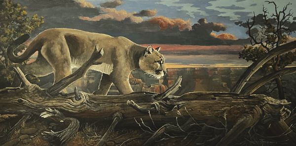 Mountain lion prowling through a forest at dusk.