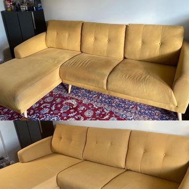 Before and after cleaning a yellow sectional sofa on a patterned rug.