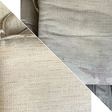 Before and after cleaning stained beige fabric upholstery on a couch.