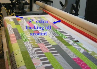 quilt loaded onto a longarm quilting machine showing how much bigger the quilt back needs to be 