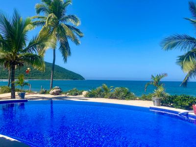 Tropical poolside with ocean view and palm trees.