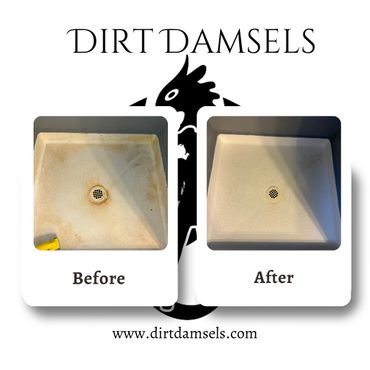 Before and after images of a cleaned shower floor.