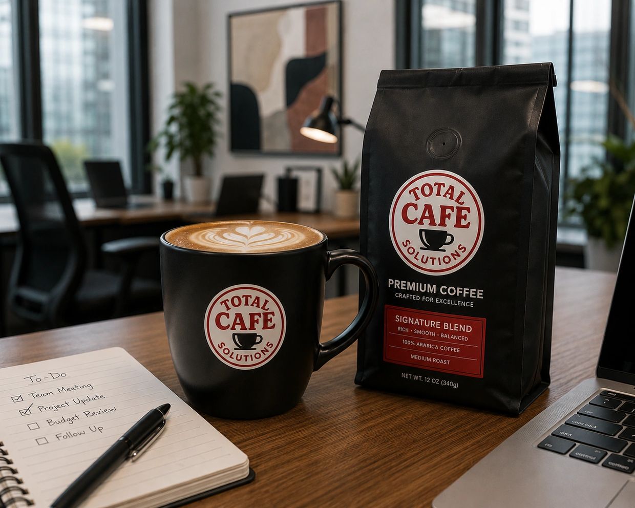 Coffee cup and bag from Total Cafe Solutions on office desk.