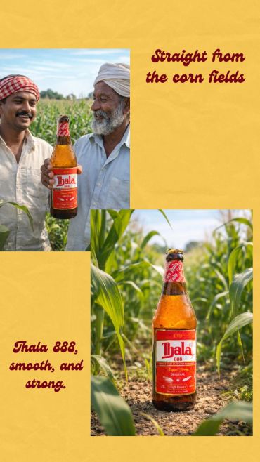 Two men showcasing Thala 888 beer in cornfields.