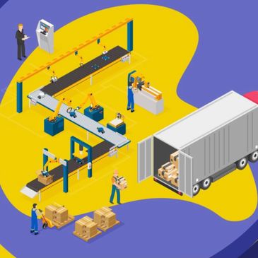 Illustration of a warehouse packing and loading process.