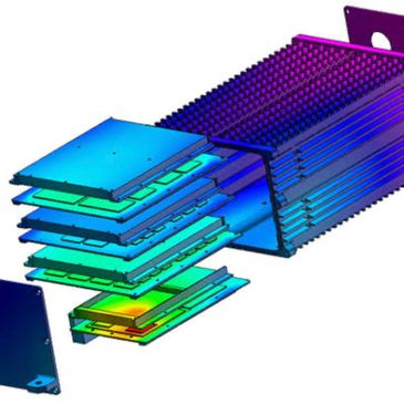 Thermal simulation of heat dissipation in a layered electronic component.